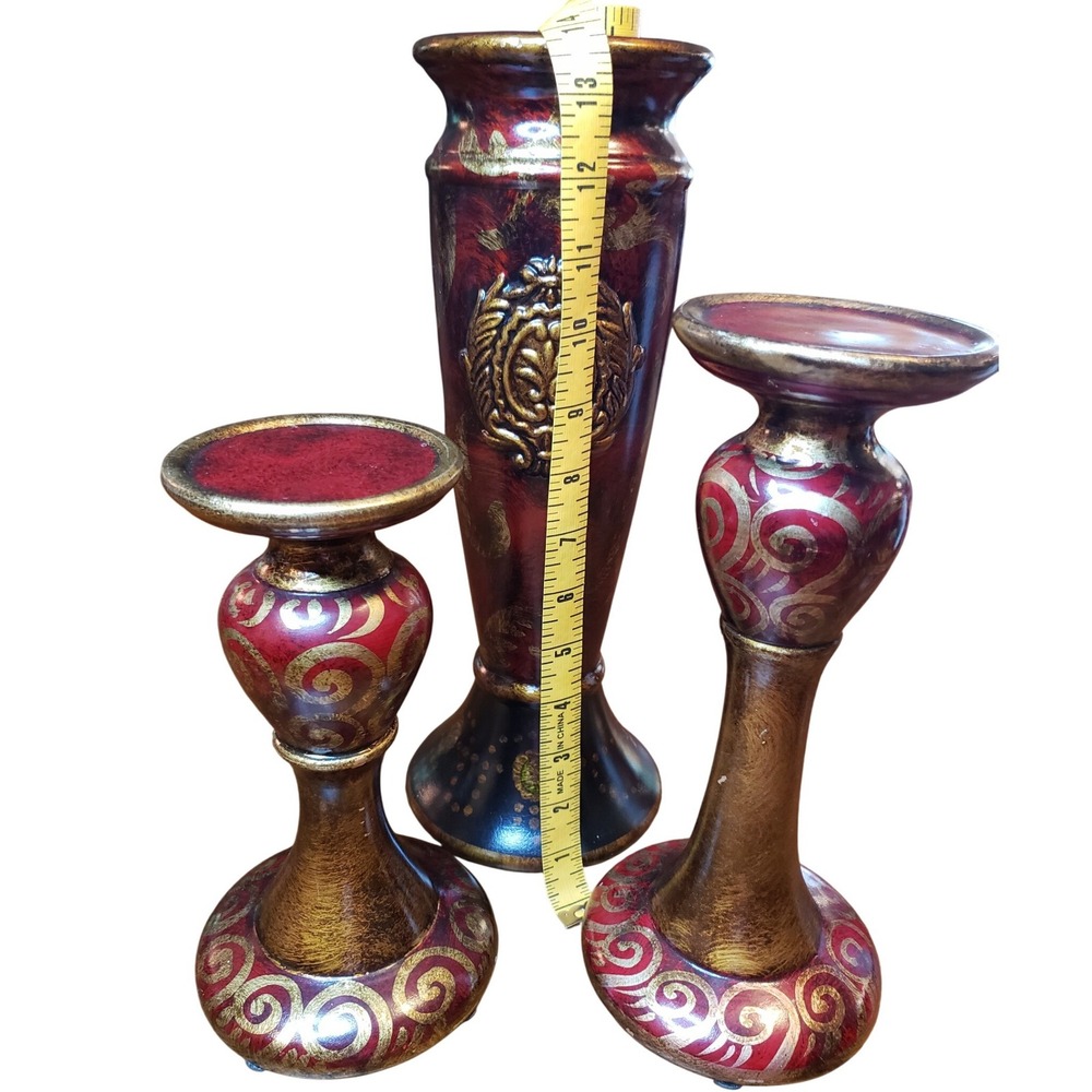 Vintage Style Burgundy Red and Gold Pillar Candle Holder Set of 3 Ornate Crest